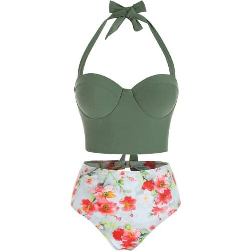 Wipalo Plus Size Bikini Sets Women Floral Print Two-Piece Suits Cutout Halter Tankini Swimsuit Swimwear 2021 Beach Biquini 3xl