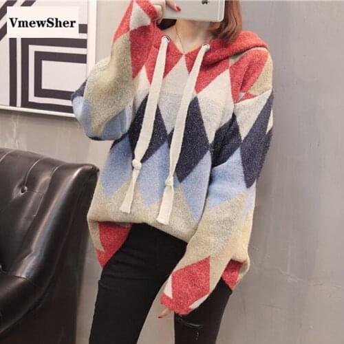 VmewSher Women Argyle Patchwork Hooded Pullover Sweater Casual Lace Up Loose Sweater Basic Chic Autumn New Soft Shiny Knit Coat