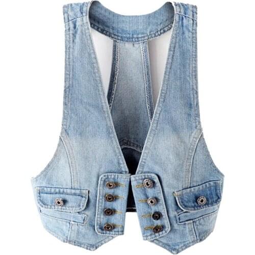 Womens Spring Autumn Sleeveless Vintage Blue Denim Vest Female Winter Plus Size Slim Short Waistcoat TB310