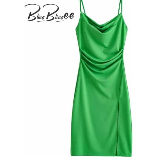 BlingBlingee 2021 Za Summer Green Dress Sleeveless Draped Collar Ruched Detail Split Thin Straps Woman Long Midi Pencil Dress