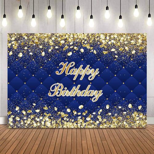 Gold Glitter Happy Birthday Backdrop Adult Dark Blue Heardboard Background for Photo Studio Photocall Women diamonds decoration