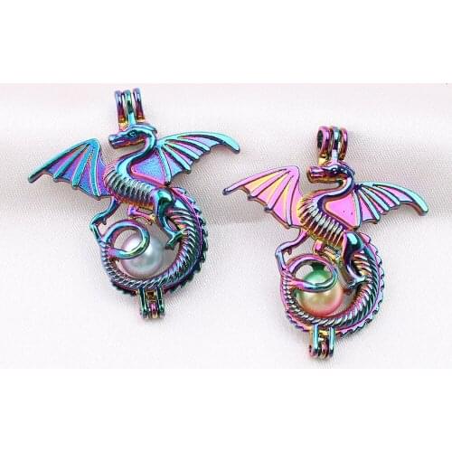 5pcs Rainbow Color Flying Dragon Oyster Pearl Cage Lava Bead Cage Pendant Lockets for Essential Oil Diffuser Jewelry Making