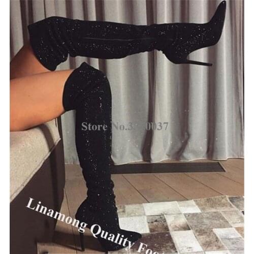 Linamong Bling Bling Sexy Pointed Toe Black Rhinestone Stiletto Heel Over Knee Boots Luxurious Crystal Long High Heel Boots Shoe