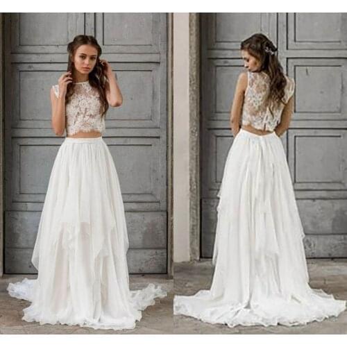 Boho Wedding Dress 2 Pieces Bohemian Vintage Sleeveless Sexy Lace Beach Bride Dresses Train Elegant Chiffon Wedding Bridal Gowns