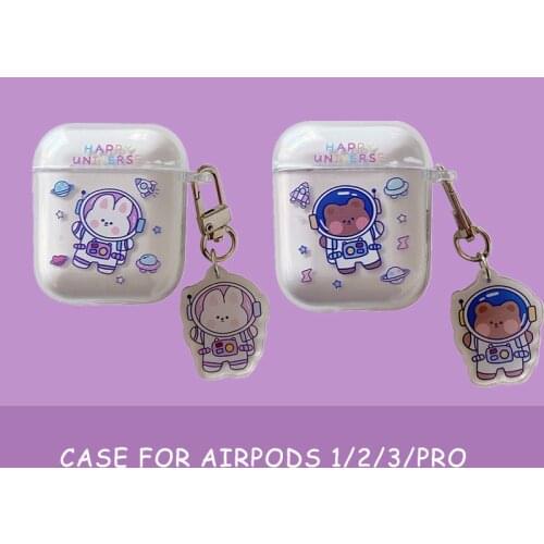 Cartoon Astronaut Bear Case for AirPods 1 2 Pro Case Soft Cute Clear Bluttooth Earphone Charging Box Cover with KeyChain
