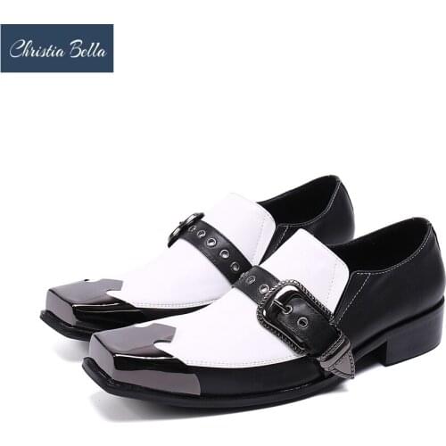 Christia Bella Italian Party Men Dress Shoes Black White Real Leather Business Shoes Plus Size Man Buckle Formal Leather Shoes