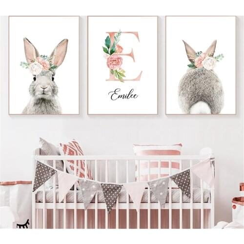 Baby Rabbit Canvas Print Flower Girls Custom Name Painting Nursery Poster Bunny Tail Nordic Wall Art Pictures Kids Room Decor