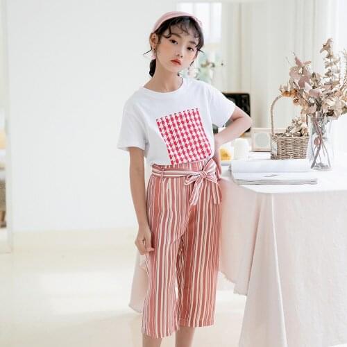 2021 Children Summer Suit Printing Matching Color Short Sleeve Shirt + Stripe Pants Two Pieces Sets Girls Teenager Clothes