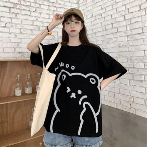 Womens T-shirts Tops Japanese Kawaii Ladies Ulzzang Loose Bear Print Ins Tshirt Female Korean Harajuku Clothes For Women