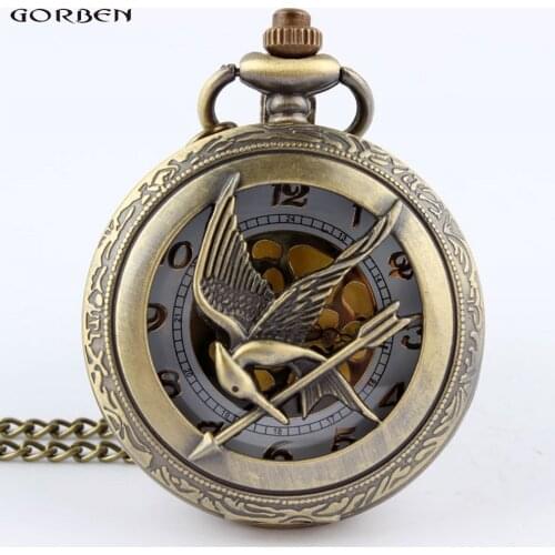 Russia the Hunger Game Retro Hollow Skeleton Pocket watch Bronze Bird Clock Necklace Pendant Gift For Men Women