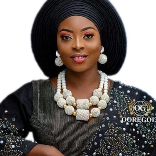 Dudo Store White African Beads Jewelry Set 2 Layers Handmade Nigerian Bridal Jewellery Necklace Set Free Shipping Christmas Set