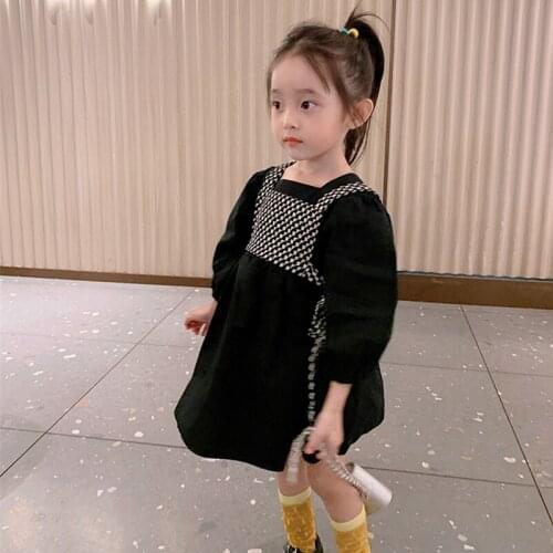 Girls Suit Sweet Plaid Vest with Long-sleeve Cotton Fashion Black Princess Dresses 2021 Spring and Autumn New Toddler Suits