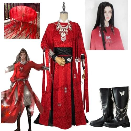 Tian Guan Ci Fu Desperate ghost king Hua cheng Cosplay Costume Black Red Long Halloween Party Wig Shoes Umbrella Outfit Costume