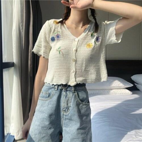 New floral embroidered cardigan knitted womens thin hollow out short-sleeved t-shirt