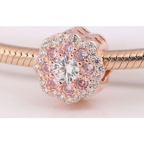 Authentic S925 Silver Rose Pink Sparkling Flower With Crystal Bead Charm fit Lady Bracelet Bangle DIY Jewelry