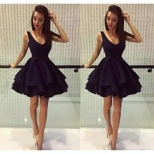 Simple Black Puffy Short Homecoming Dresses A Line Deep V Neck Satin Grade Prom Dress Customize Sleeveless Party Dresses