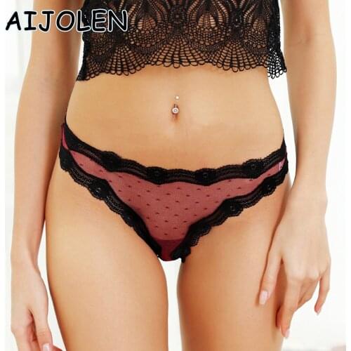 AIJOLEN Sexy Lace Ladies Thong Transparent Mesh Underwear Stitching Contrast Color Underpants Seamless Edge Plus Size Panties