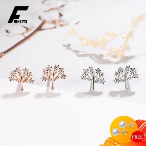 Trendy Earrings for Women 925 Silver Jewelry Accessories with Zircon Gemstone Tree Shape Stud Earrings Wedding Party Ornaments