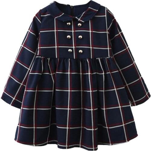 Blue Grid Girls Dress Button Autumn Winter Kids Clothes School Uniform Style Long Sleeve Girls Clothes