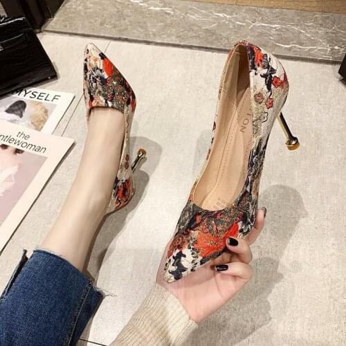 Rimocy Fashion Embroidery 9cm Thin Heels Womens Pumps 2021 Sexy Pointed Toe Mix Color Party Shoes Woman Shallow Shoes Ladies