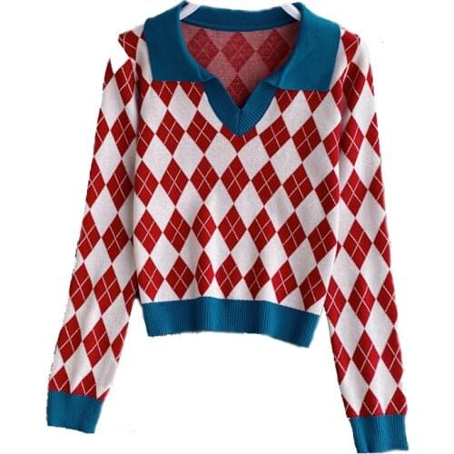 Vintage Knit Cropped Womens Sweater Pullovers 2021 Spring Autumn New Turn Down Collar Womens Jumpers Loose Argyle Sweater Coat