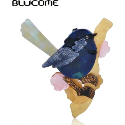 Blucome Vivid Blue Magpie Bird Shape Brooch Colorful Natural Acrylic Corsage Clips Pins Kids Women Suit Scarf Decoration Jewelry