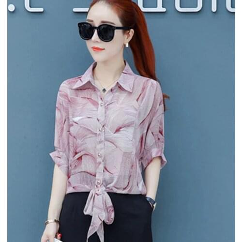 Summer New Womens Chiffon Shirt Fashion Bow Tie Pink Gray Color Shirt Casual Large Size Loose Chiffon Shirt DD2627