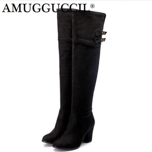 Plus Big Size 32-45 Black Blue Buckle Over The Knee Sexy Thigh High Heel Autumn Winter Female Lady Women Boots X1708