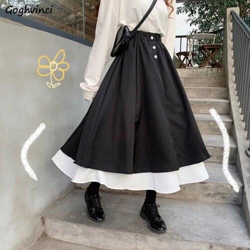 New Ruffles Skirts Women Retro Patchwork A-line Leisure All-match Chic Students Simple High-waist Pleated Mid-Calf Fashion Ins