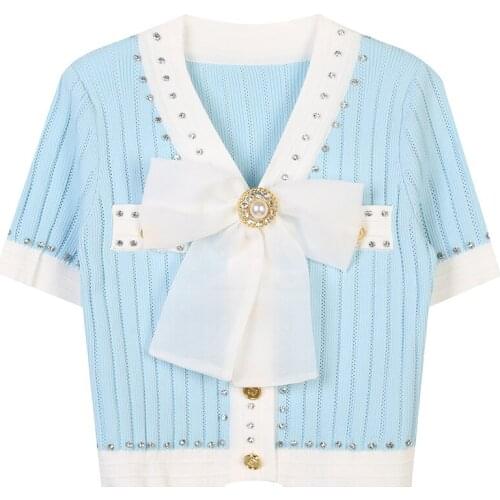 Women Knitted Sweater Bowknot V-Neck Beaded Single-Breasted Cardigan T-Shirt Elegant Retro Traf Crop Top Femme Ropa Summer 2021