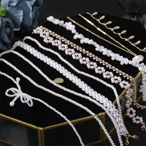 Boho White Pearl Choker Necklaces For Women Fashion Heart Flower Necklace Girl Crystal Short Chain Collar Korea Jewelry Gifts