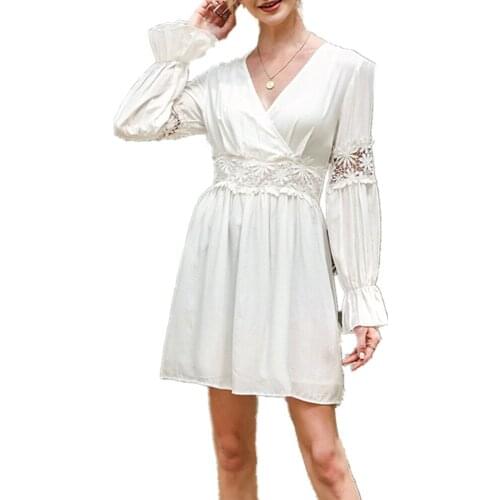 Pdfmily White Floral Patchwork Elegant Fashion Dresses Women Autumn Casual V-Neck Long Puff Sleeve Back Zipper A-Line Mini Dress