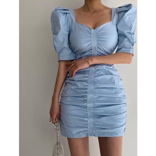Vintage Ruched Y2k Dress For Women Sexy NiceSummer Solid Square Collar Short Puff Sleeve Bodycon Outfits Party Dresses Female