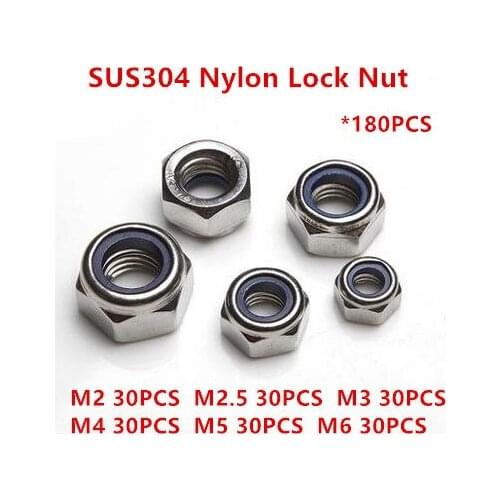 180PCS M2 M2.5 M3 M4 M5 M6 304 Stainless Steel Self-locking Hex Nut Nylon Lock Nuts kit