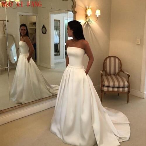 2020 Cheapest Simple Boho A-line Wedding Dresses Strapless Satin Draped Bridal Dress Bow Sashes Vestidos De Noiva Bride Dresses