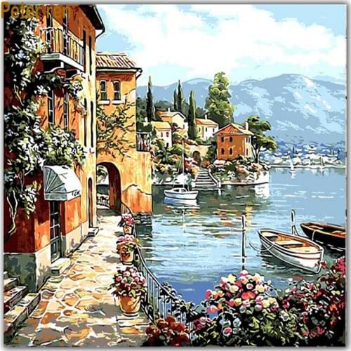 Peter ren Diamond painting DIY Square&Round Diamond mosaic embroidery hand-painted decorative painting Mediterranean Dock House