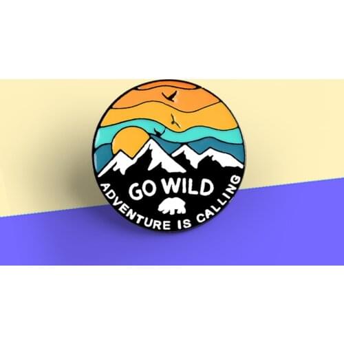 Round Brooches GO WILD, ADWENTURE IS CALLING Enamel Pin Explore Nature Mountain Polar Bear Brooch Lapel Pins For Outdoorsy Gifts