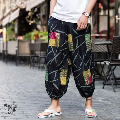 Vintage Cotton Linen Shorts Men Casual Loose Shorts Male Beach Hawaii Shorts Calf Length Summer Print Hip Hop Shorts Holiday