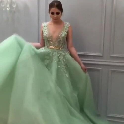 Saudi Arabic Mint Green Long Evening A Line Deep V Neck Luxury Lace Beaded Pearls Chapel Train Formal mother of the bride dress