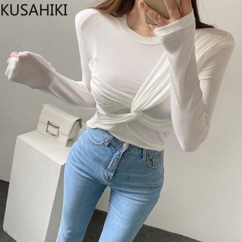 KUSAHIKI Stretch Slim Baisc Woman Tshirts Korean Twisted Patchwork Graphic T Shirts 2021 Autumn Winter New Tee Tops Female 6L861