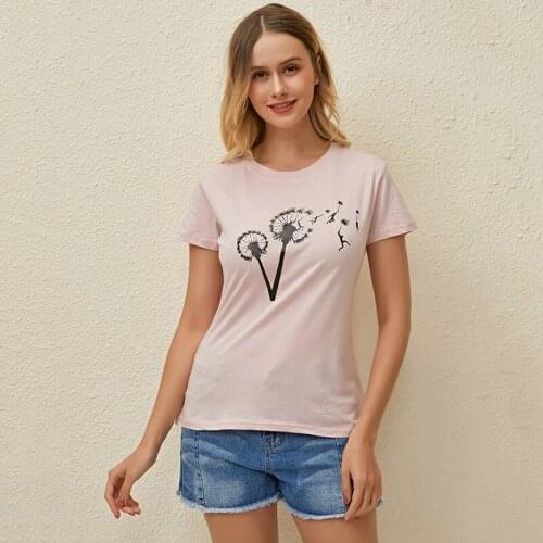 Summer T-shirt Dandelion Flower Pattern Tees Women Simple Round Neck Print Tops Cotton Short-sleeve Womens T-shirt