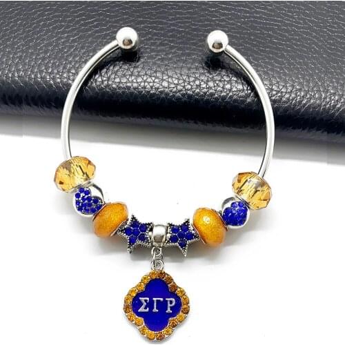 Exquisite rhinestone inlaid metal SIGMA GAMMA RHO sorority pendant glass big hole beads opening wire bangle