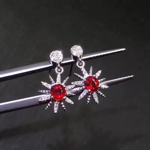 Sun shape exquisite red ruby gemstone stud earrings for women silver ornament girl birthday party gift natural gem free ship