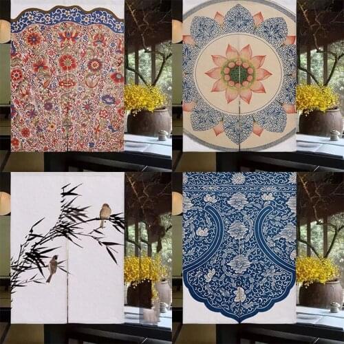 Chinese Bamboo Leaf Lotus Cotton Linen Curtain Bedroom Door Curtain Household Partition Curtain Blackout Curtain Decoration