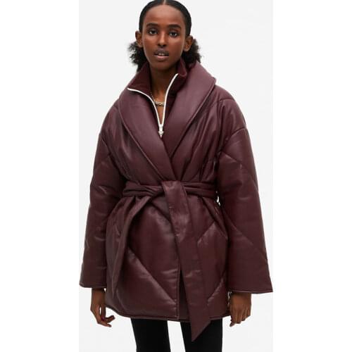 Malina Autumn Winter Parkas Women Fashion Loose Solid PU Leather Coats Women Elegant Tie Belt Cotton Jackets Female Ladies