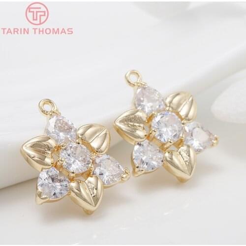 2PCS 12x16MM Hole 1MM 24K Gold Color Brass with Zircon Flower Charm Pendants for DIY Jewelry Making Findings Accessories