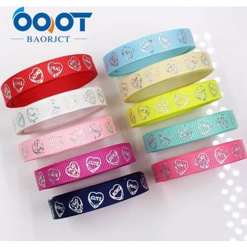 OOOT BAORJCT G-18609-369 10 mm 10 yards laser Silver Heart-shaped love Printed grosgrain ribbon DIY headdress wedding gift wrap