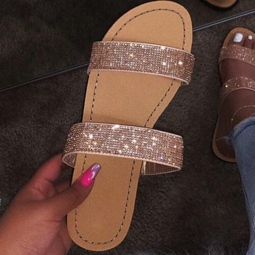 2020 fashion cool drag female Roman wind shining bright diamonds word drag European and American large size flat slippers