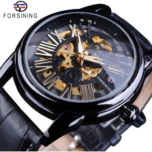 Forsining Black Bezel Roman Retro Men Automatic Watch Top Brand Luxury Automatic Fashion Skeleton Gear Gold Movement Wristwatch