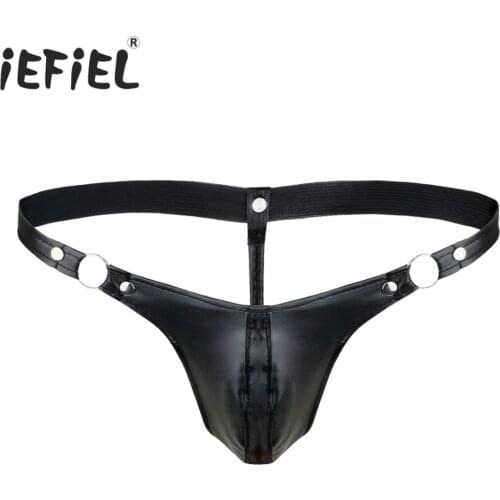 IEFiEL Mens Lingerie Faux leather Panties Jockstraps Thongs Faux Leather Thong Hot T-back Gay Sexy Men Underwear Underpants